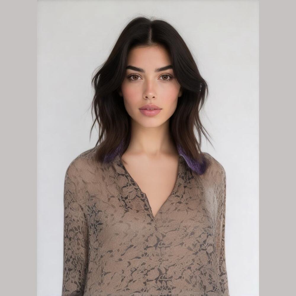Joie Purple Tan Silk Floral Paisley Long Sleeve Flowy Hippie Boho Blouse Top XXS